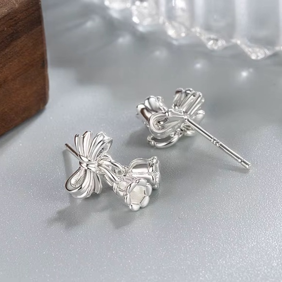 Silver Bow Bellflower Earrings - Picture 3 of 5